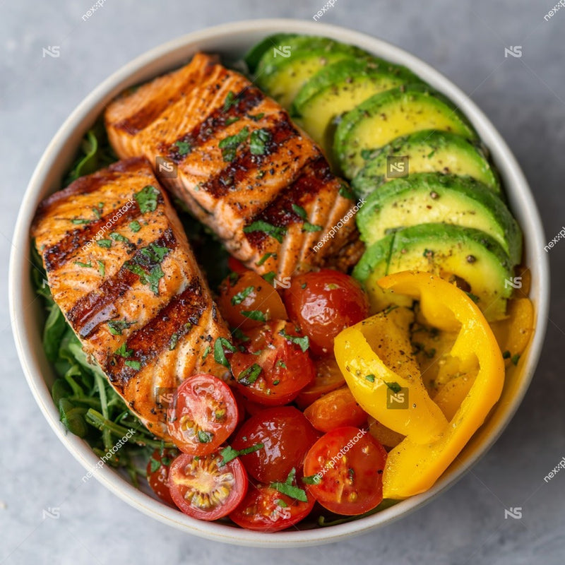 A Bowl Of Meal Prep With A Variety Of Vegetables Including Zucchini Tomatoes And Peppers Alongside Grilled Salmon And Quinoa — Stock Photo