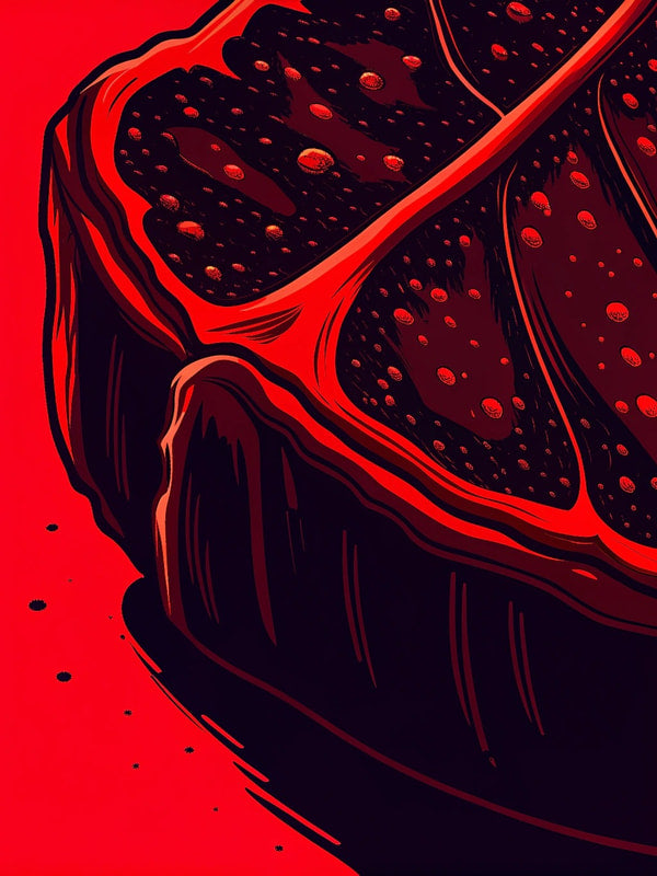 Red And Black Illustration Of A Close Up View Of A Steak With A Glossy Texture Presented In A Top Down Perspective — Stock Illustration