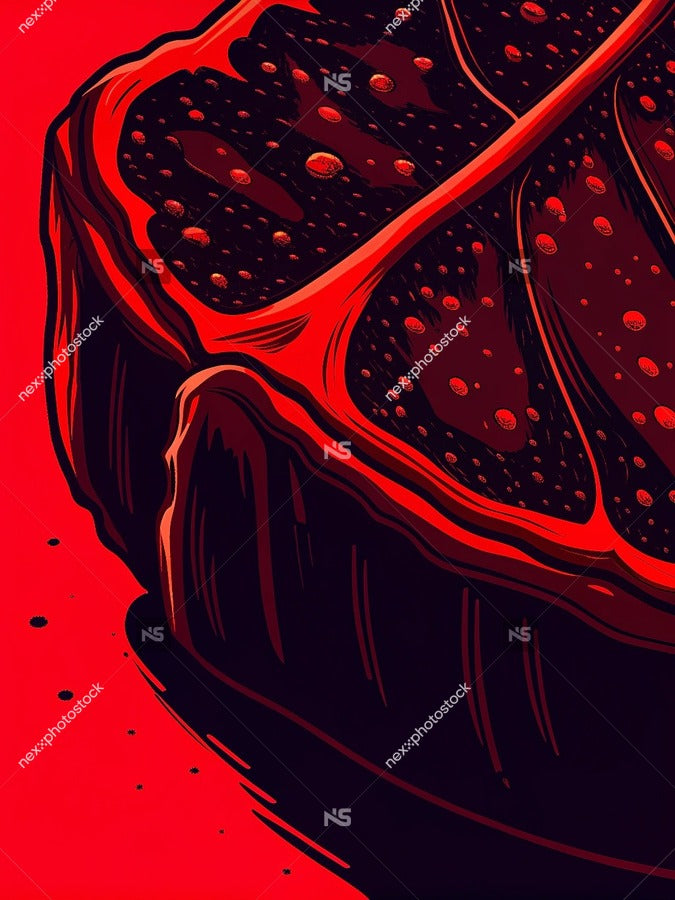 Red And Black Illustration Of A Close Up View Of A Steak With A Glossy Texture Presented In A Top Down Perspective — Stock Illustration