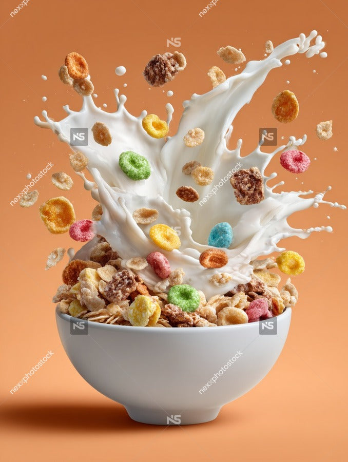 A Bowl Of Cereal With Milk A Variety Of Colorful Cereal Pieces Set Against A Vibrant Orange Background — Stock Photo