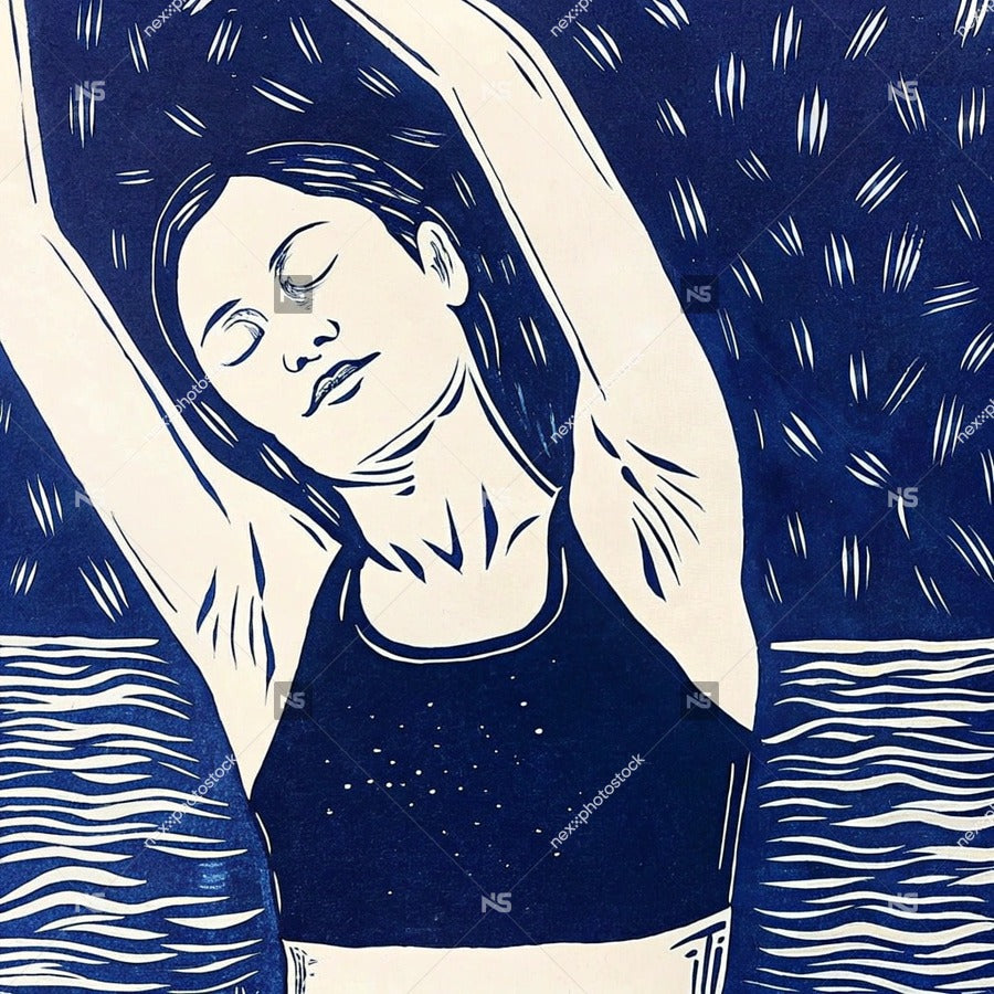 A Woman Practicing Yoga By The Sea Depicted In A Blue Illustration With A Night Sky Background — Stock Illustration
