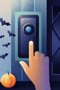 Illustration Of A Hand Pressing An Elevator Button With A Halloween Theme Including Bats And A Pumpkin In The Background — Stock Illustration