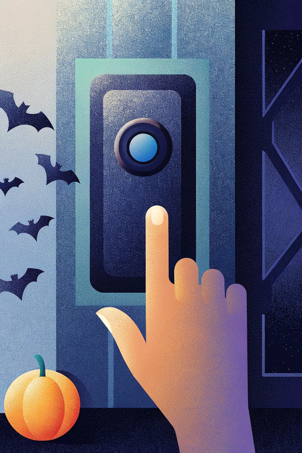 Illustration Of A Hand Pressing An Elevator Button With A Halloween Theme Including Bats And A Pumpkin In The Background — Stock Illustration