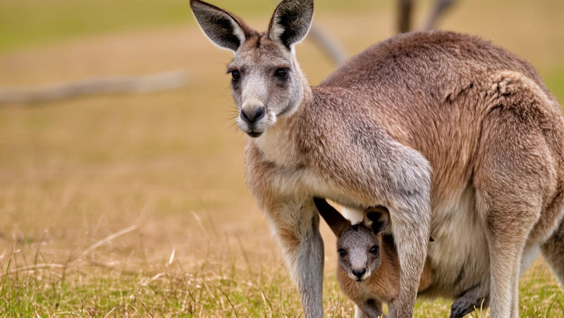 a mother kangaroo and her baby standing together in a grassy field - Stock Video