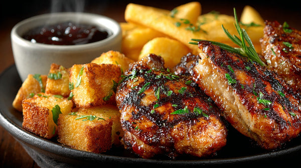 Grilled Chicken And Fries On A Plate Served With Dipping Sauce In A Small Bowl — Stock Photo