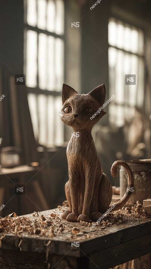 Handcrafted Cat Sculpture In Woodshop — Stock Photo
