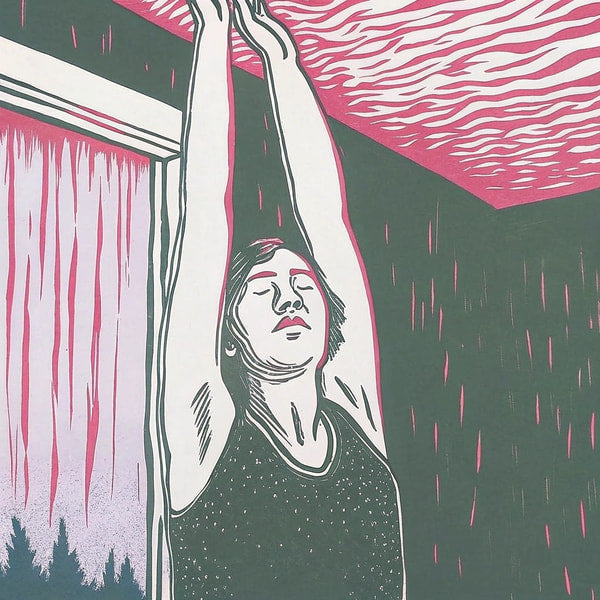 A Person Practicing Yoga In A Room With Raindrops Falling From The Ceiling Depicted In A Stylized Illustration — Stock Illustration