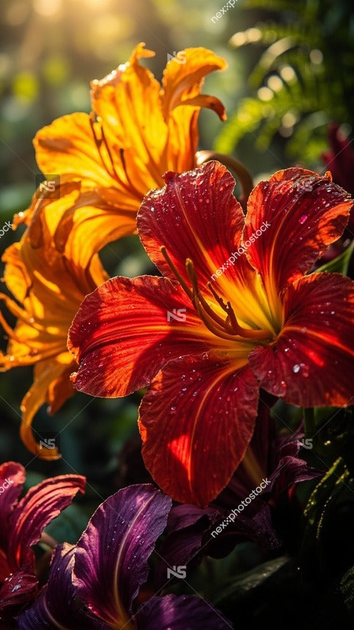 Colorful Flower Bouquet With Vibrant Red And Orange Hues Set Against A Blurred Background Of Green Foliage — Stock Photo