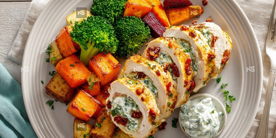 A Plate Of Chicken And Vegetables Including Broccoli And Carrots Served With A Side Of Sauce — Stock Photo