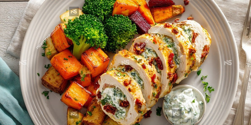 A Plate Of Chicken And Vegetables Including Broccoli And Carrots Served With A Side Of Sauce — Stock Photo