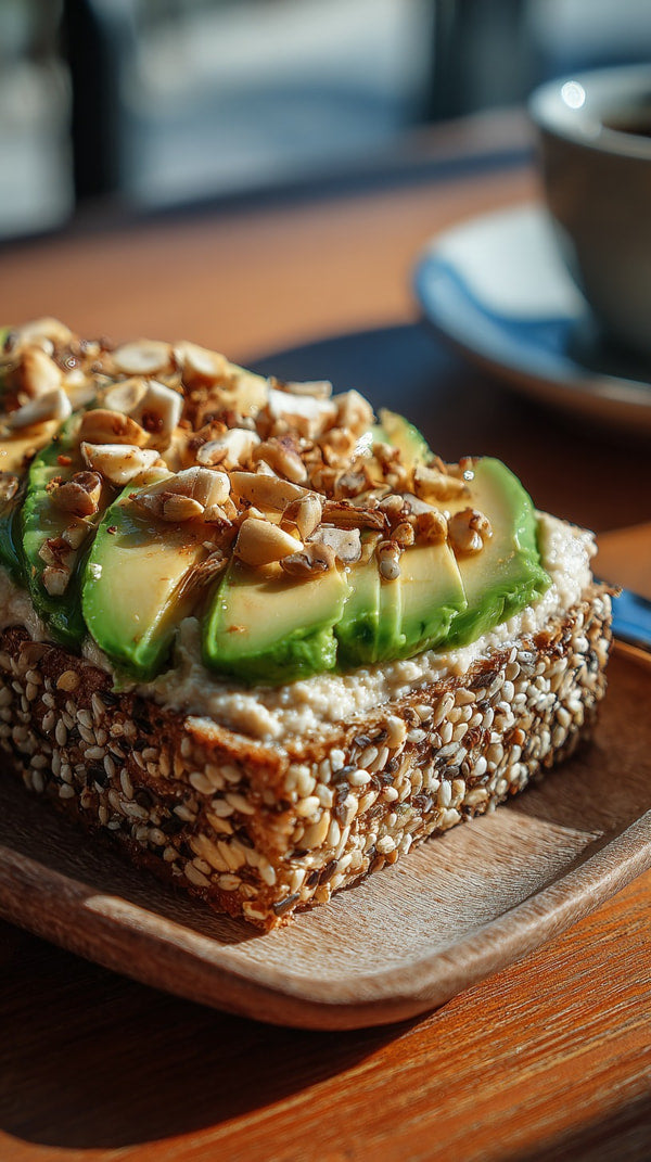 A Slice Of Bread Topped With Avocado And Nuts Presented On A Wooden Cutting Board — Stock Photo