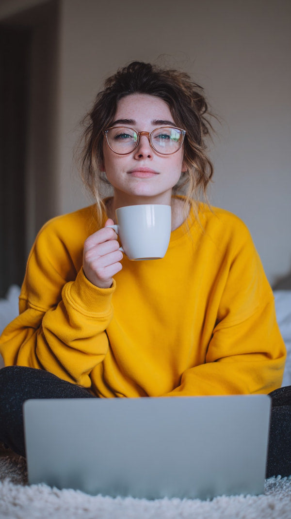 A Woman Wearing A Yellow Sweater Is Sitting With A Coffee Cup In Her Hand — Stock Photo