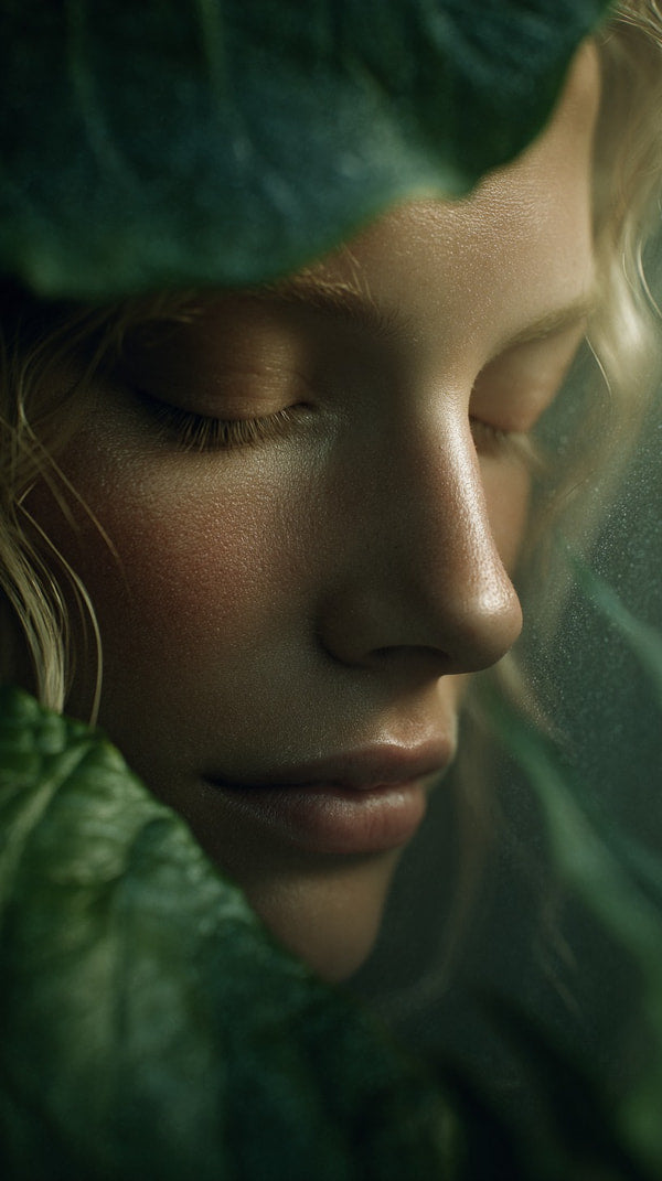 A Serene Nature Portrait A Woman With Blonde Hair Gazing Into The Distance Through A Large Leaf — Stock Photo