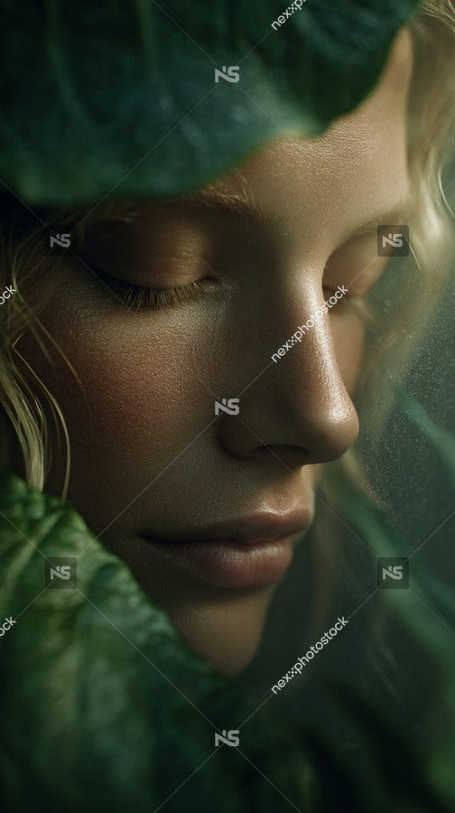 A Serene Nature Portrait A Woman With Blonde Hair Gazing Into The Distance Through A Large Leaf — Stock Photo