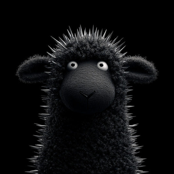 A Black Sheep With Spiky Hair Stands Against A Dark Background Looking Directly At The Camera — Stock Photo