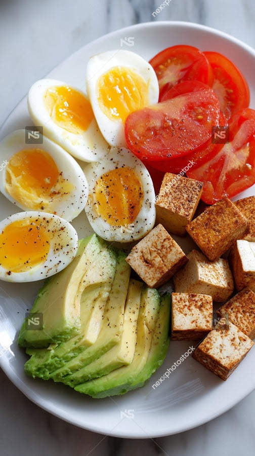 A White Plate Filled With A Variety Of Breakfast Foods Including Boiled Eggs Sliced Avocado And Tofu — Stock Photo