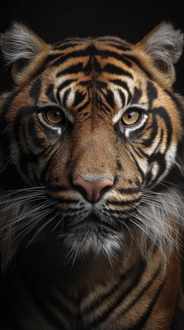 Tiger Portrait With Close Up Of Face And Whiskers Showcasing Detailed Fur Patterns And Striking Eyes — Stock Photo