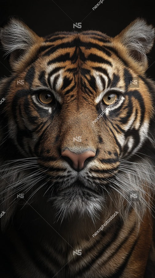 Tiger Portrait With Close Up Of Face And Whiskers Showcasing Detailed Fur Patterns And Striking Eyes — Stock Photo