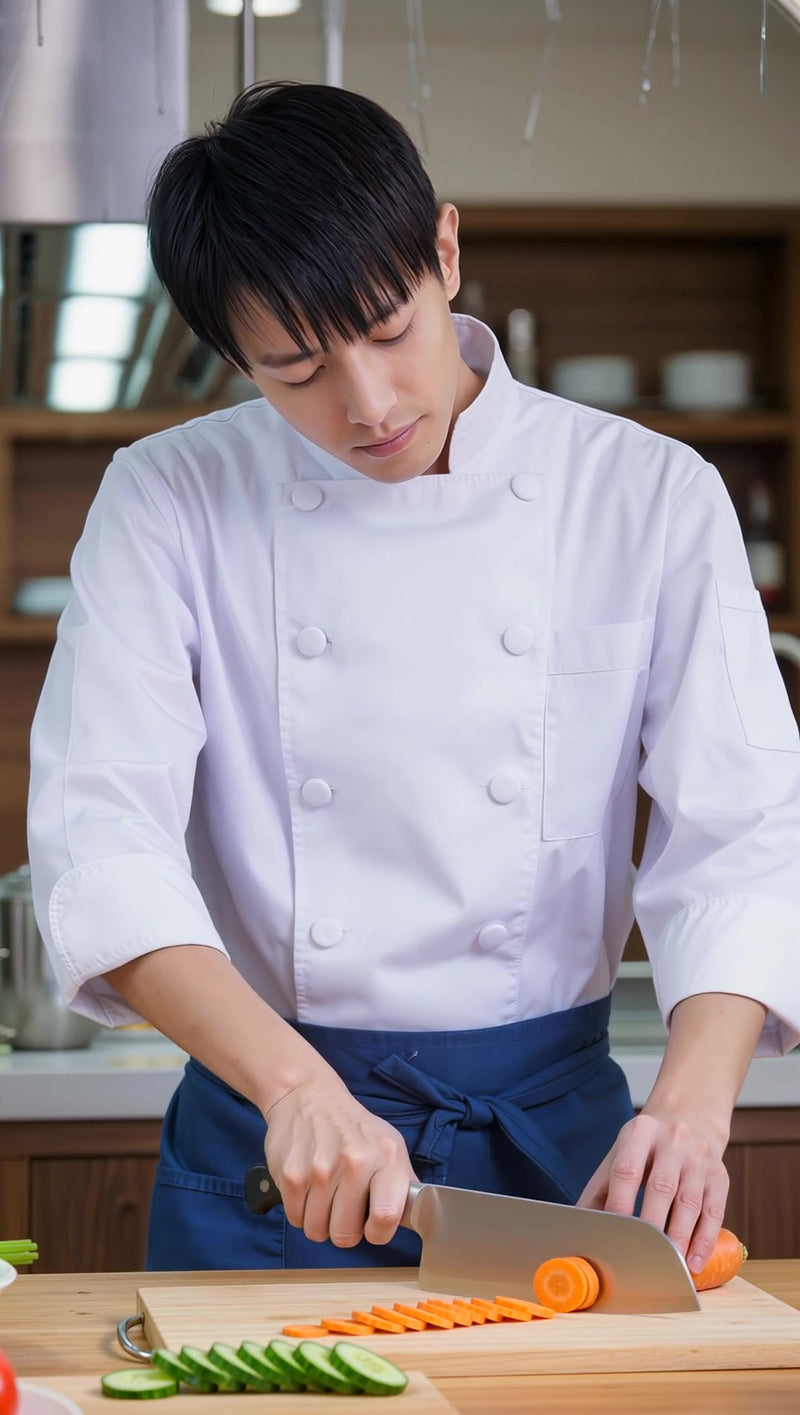 a chef wearing a white chef s coat and hat is preparing food in a kitchen - Stock Video