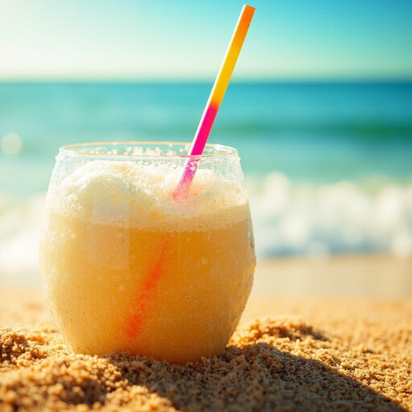A Refreshing Beachside Blender Drink Served In A Clear Glass With A Straw Placed On Sandy Beach — Stock Photo