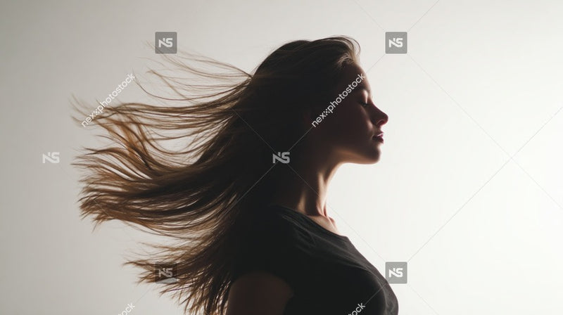 A Woman With Long Hair Captured In Motion Creating A Dynamic And Portrait Against A White Background — Stock Photo