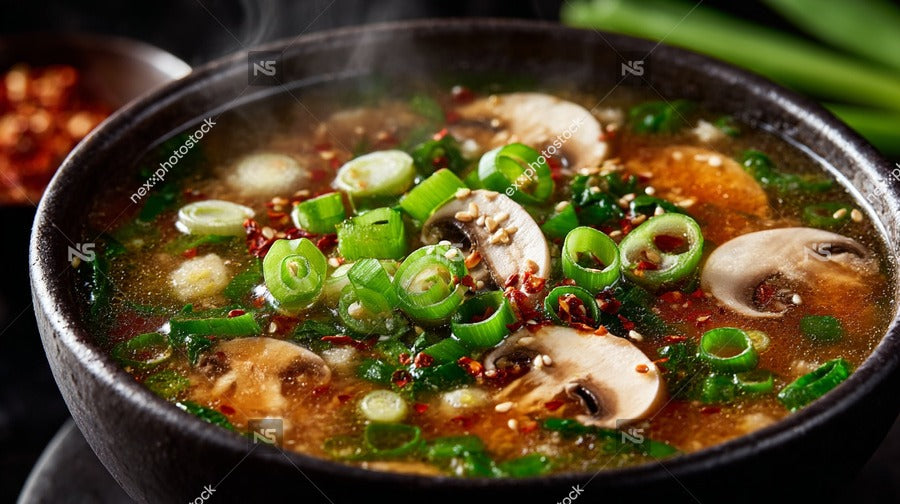A Bowl Of Spicy Asian Soup Garnished With Mushrooms And Green Onions Served In A Black Pot — Stock Photo