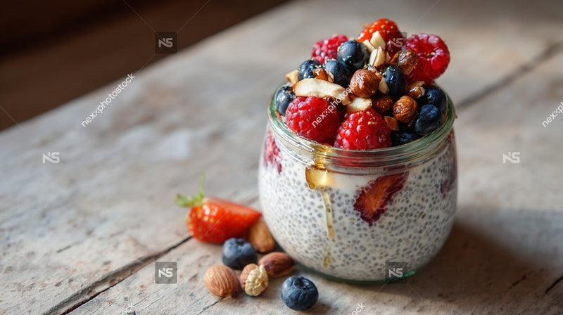 A Jar Of Yogurt Topped With Raspberries Blueberries And Nuts On A Wooden Surface — Stock Photo