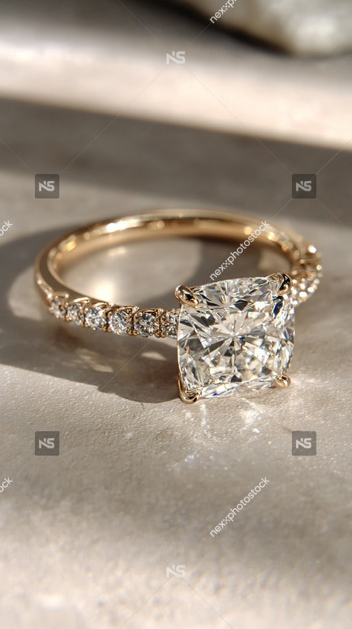 A Gold Diamond Engagement Ring With A Clear Gemstone Placed On A Marble Surface — Stock Photo