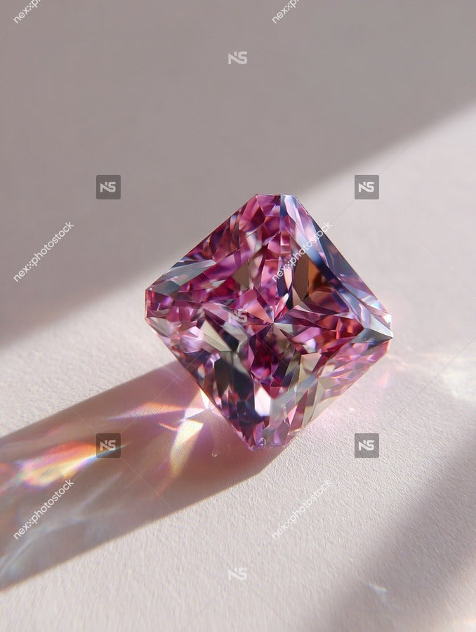 A Large Pink Diamond Is Prominently Displayed In A Close Up Shot Resting On A Reflective Surface With Its Facets Catching The Light — Stock Photo