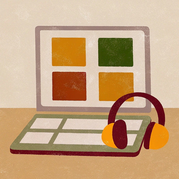 A Digital Workspace Setup With Headphones A Laptop And A Tablet On A Desk — Stock Illustration