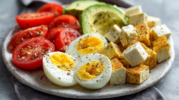 A Plate Of Assorted Foods Including Eggs Cheese Tomatoes And Avocado On A Table — Stock Photo