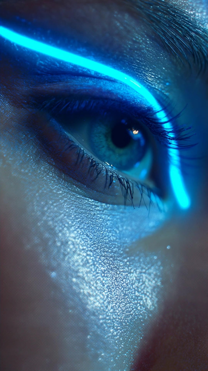 a close up portrait of a person with a striking blue eye and a glowing blue line running across it - Stock Video