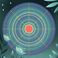 A Stylized Illustration Of A Compass With A Glowing Red Center Set Against A Dark Blue Background With A Faint Starry Sky — Stock Illustration