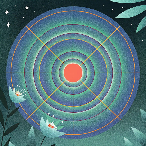 A Stylized Illustration Of A Compass With A Glowing Red Center Set Against A Dark Blue Background With A Faint Starry Sky — Stock Illustration