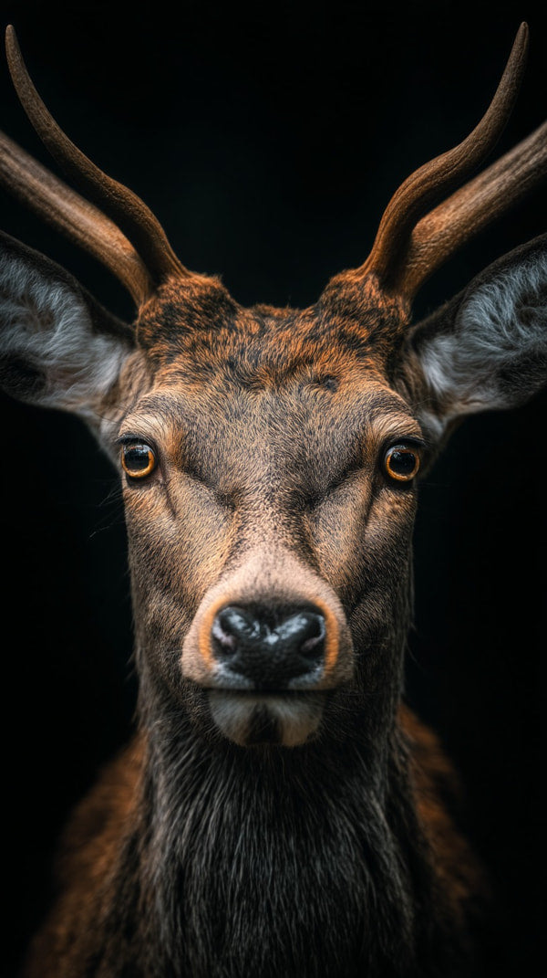 A Close Up Portrait Of A Majestic Deer With Striking Red Eyes Set Against A Stark Black Background — Stock Photo