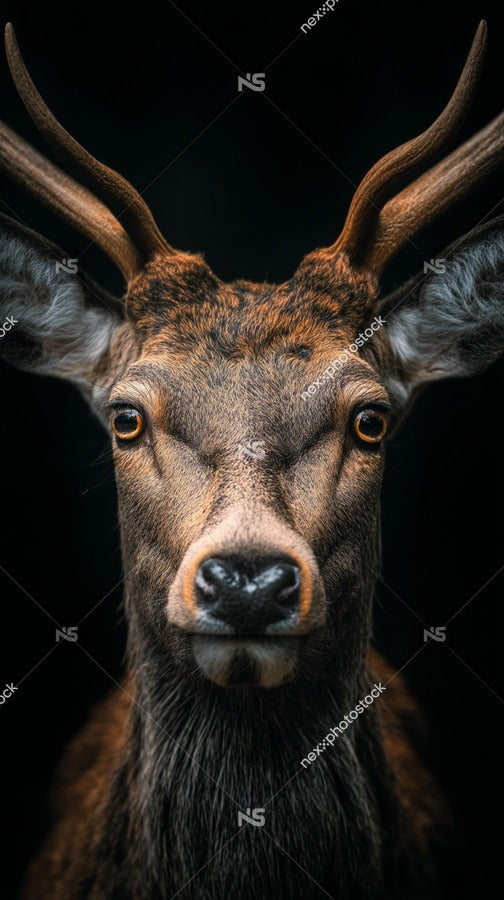 A Close Up Portrait Of A Majestic Deer With Striking Red Eyes Set Against A Stark Black Background — Stock Photo
