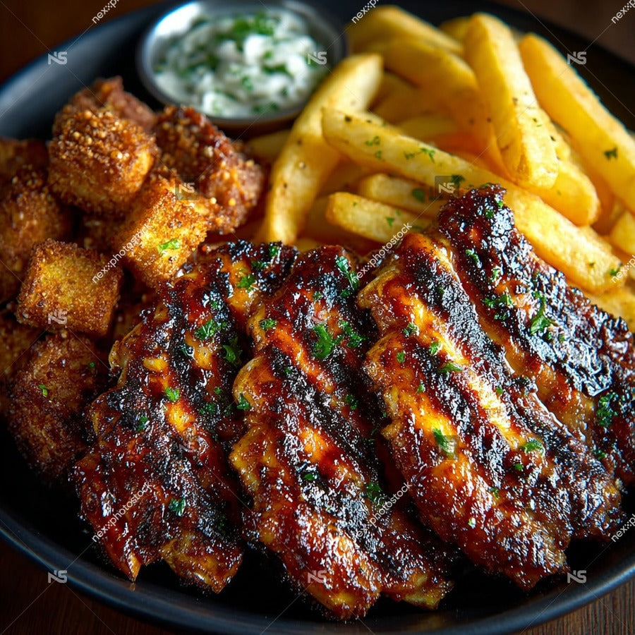 A Plate Of Fried Chicken French Fries And Tater Tots Served With A Side Of Ranch Dressing — Stock Photo