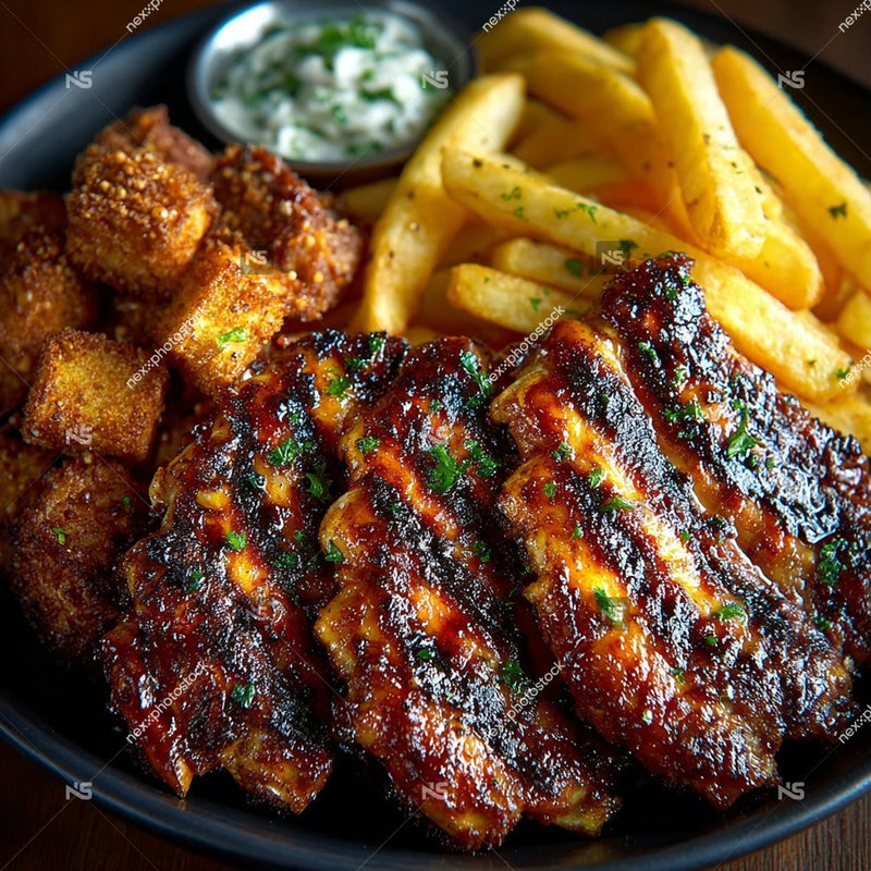 A Plate Of Fried Chicken French Fries And Tater Tots Served With A Side Of Ranch Dressing — Stock Photo