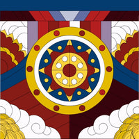 Ornate Wheel Design With Intricate Patterns And A Central Circular Motif Set Against A Backdrop Of Red And Blue Stripes — Stock Vector