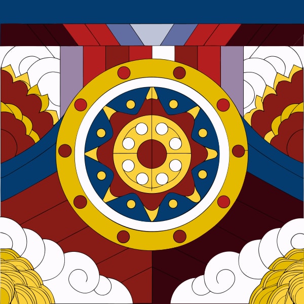 Ornate Wheel Design With Intricate Patterns And A Central Circular Motif Set Against A Backdrop Of Red And Blue Stripes — Stock Vector