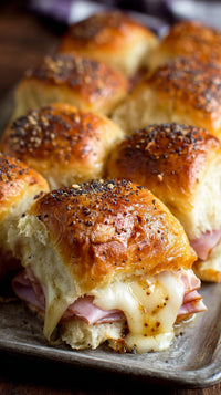 Close Up Of A Tray Filled With Six Cheese And Ham Sandwiches On A Wooden Table — Stock Photo