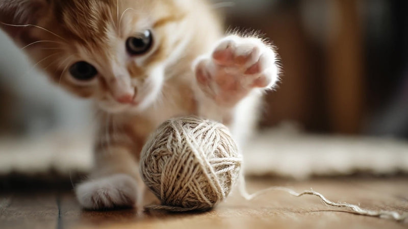 orange kitten playing with a ball of yarn - Stock Video