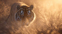 A Tiger In A Natural Habitat Captured In A Close Up Shot With A Blurred Background Of Tall Grasses And A Warm Golden — Stock Photo