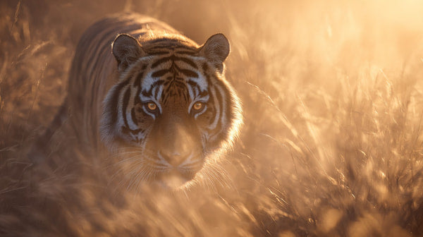A Tiger In A Natural Habitat Captured In A Close Up Shot With A Blurred Background Of Tall Grasses And A Warm Golden — Stock Photo