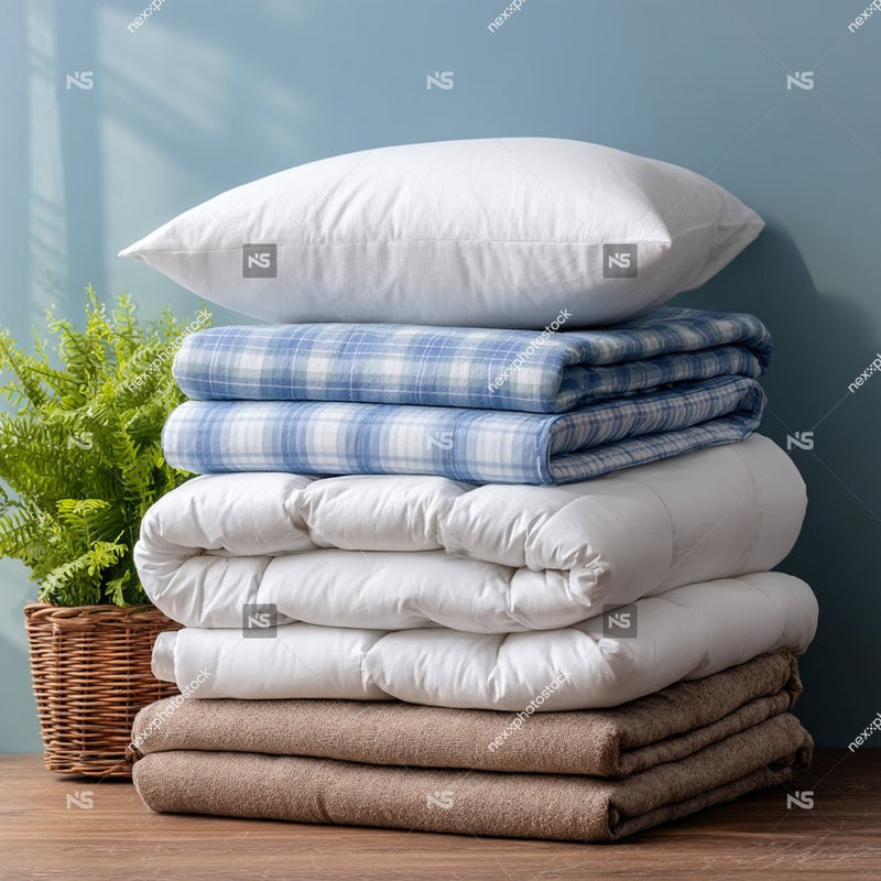 A Collection Of Neatly Folded Bedding Sets Including Pillows And Blankets Stacked On Top Of Each Other Against A Blue Wall — Stock Photo