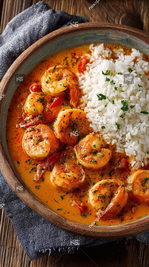 A Bowl Of Shrimp Curry With Rice Served In A Wooden Bowl On A Table — Stock Photo
