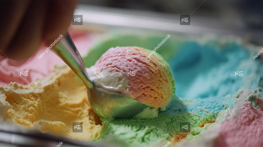 A Scoop Of Colorful Ice Cream With A Spoon In It Placed On Top Of A Vibrant Assortment Of Multi Colored Sprinkles — Stock Photo