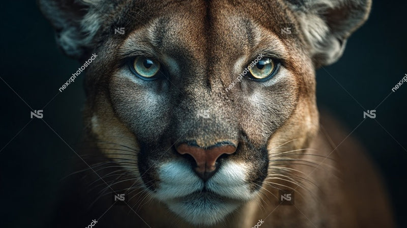 A Majestic Mountain Lion With Striking Blue Eyes And A Powerful Gaze Set Against A Dark Background — Stock Photo