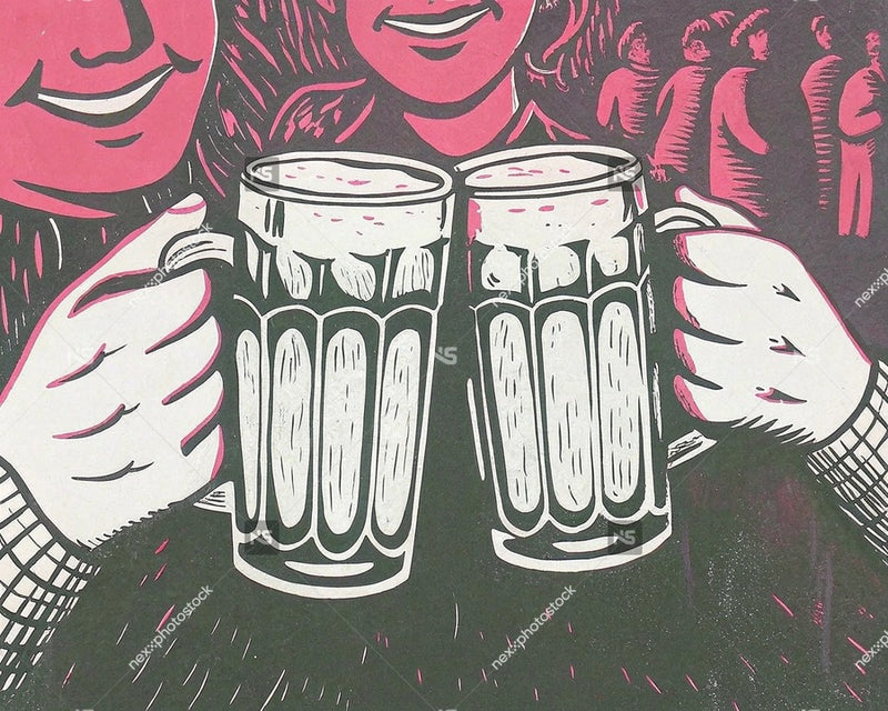 A Pair Of Hands Holding Beer Mugs With A Group Of People In The Background Celebrating Toasting — Stock Illustration