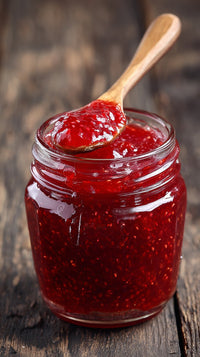 A Jar Of Homemade Strawberry Jam With A Wooden Spoon Resting On Top Placed On A Wooden Surface — Stock Photo